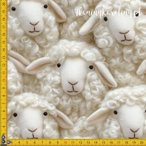 TKANINA WODOODPORNA OXFORD Włóczkowe owieczki - oczy otwarte, blady nos na beżu. Większy wzór.