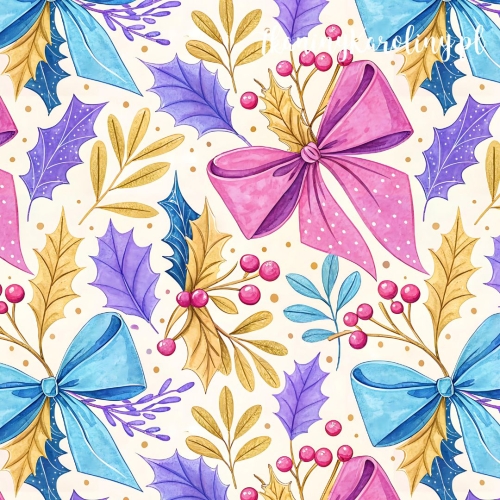 TKANINA WODOODPORNA OXFORD Wzory świąteczne, pastelowe - różowe i niebieskie kokardy na beżu i ostrokrzew z owocami