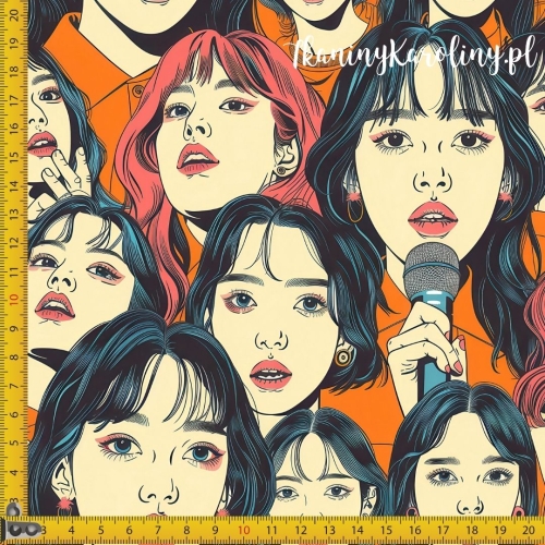 TKANINA WODOODPORNA OXFORD K-POP Dziewczyny z mikrofonami na pomarańczu