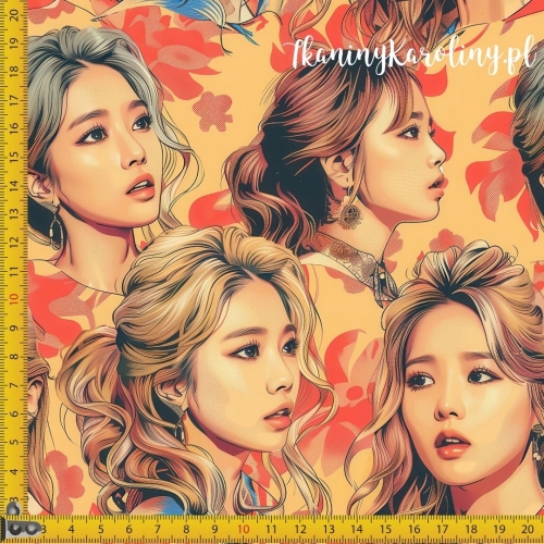 TKANINA WODOODPORNA OXFORD K-POP Dziewczyny, portrety na abstrakcyjnych kwiatowych wzorach, żółto-pomarańczowe tło
