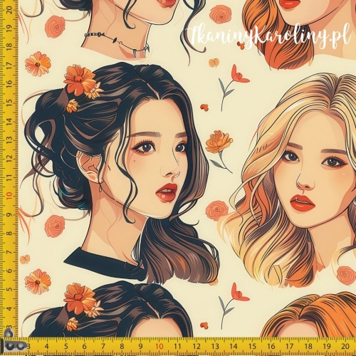 TKANINA WODOODPORNA OXFORD K-POP Dziewczyny, portrety w pomarańczowych kwiatach jasnym tle