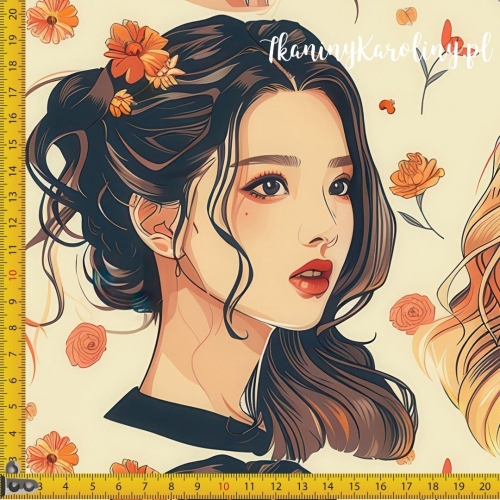 WELUR TAPICERSKI K-POP Dziewczyny, portrety w pomarańczowych kwiatach jasnym tle