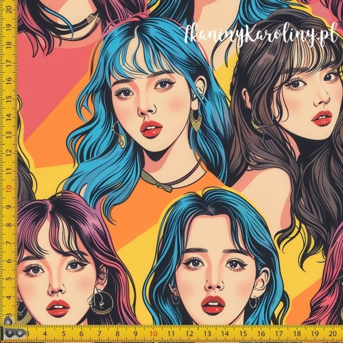 TKANINA WODOODPORNA OXFORD K-POP Dziewczyny - niebieskie, brązowe, różowe włosy na ciepłych barwach