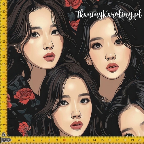 TKANINA WODOODPORNA OXFORD K-POP Dziewczyny, portrety w czerwonych różach na czarnym tle