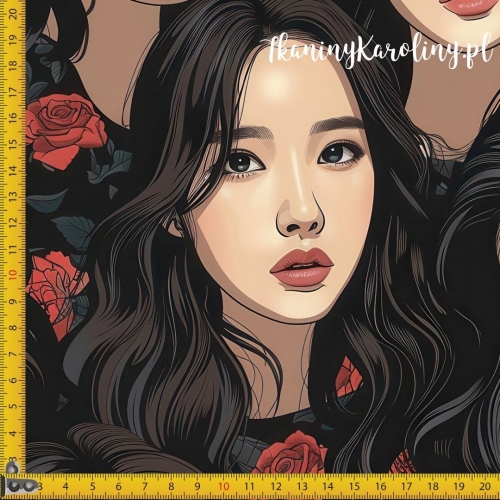 WELUR TAPICERSKI K-POP Dziewczyny, portrety w czerwonych różach na czarnym tle