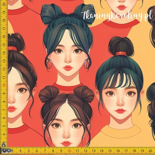 TKANINA WODOODPORNA OXFORD K-POP Dziewczyny w w koczkach na żółto-pomarańczowym tle