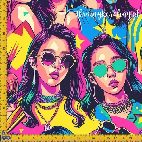 TKANINA WODOODPORNA OXFORD K-POP Dziewczyny w kolorowych okularach, nasycone kolory