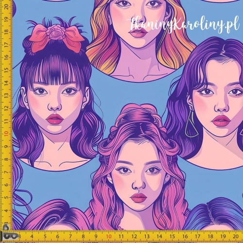 TKANINA WODOODPORNA OXFORD K-POP Dziewczyny w kokardach na niebieskim tle