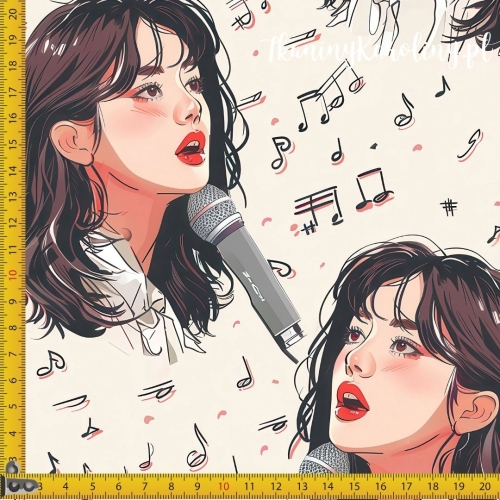 TKANINA WODOODPORNA OXFORD K-POP Dziewczyny, twarze z mikrofonami na jasnym tle