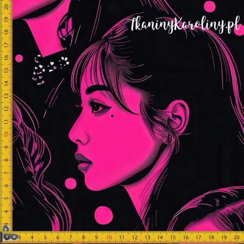 WELUR TAPICERSKI K-POP Dziewczyny, różowe twarze z kropkami na czarnym tle