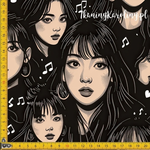 TKANINA WODOODPORNA OXFORD K-POP Dziewczyny na czarnym tle, białe nutki
