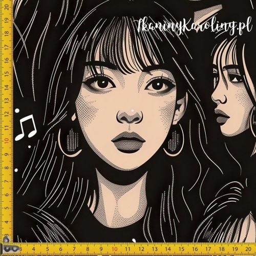 WELUR TAPICERSKI K-POP Dziewczyny na czarnym tle, białe nutki