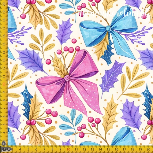 TKANINA WODOODPORNA OXFORD Wzory świąteczne, pastelowe - różowe i niebieskie kokardy na beżu i ostrokrzew z owocami