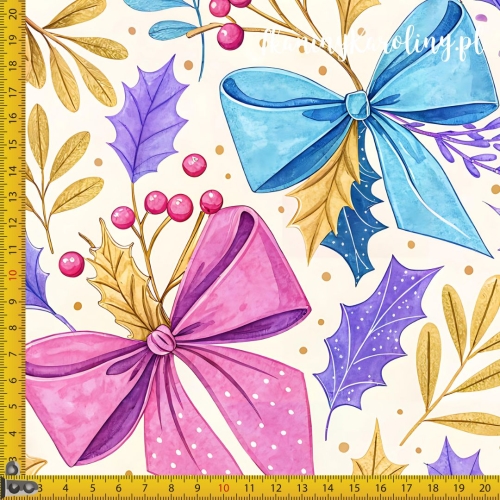 WELUR TAPICERSKI Wzory świąteczne, pastelowe - różowe i niebieskie kokardy na beżu i ostrokrzew z owocami