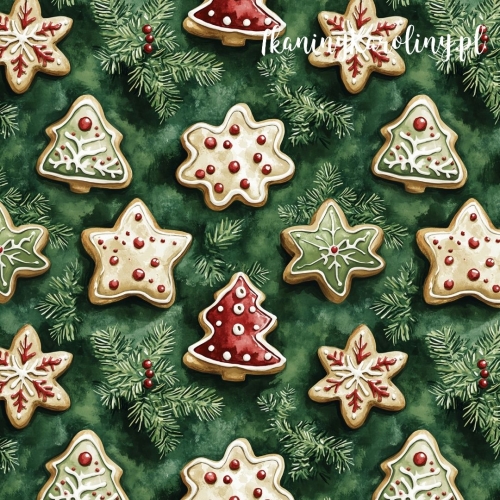 TKANINA WODOODPORNA OXFORD Wzory świąteczne - pierniczki lukrowane na zielonych gałązkach [6-8]