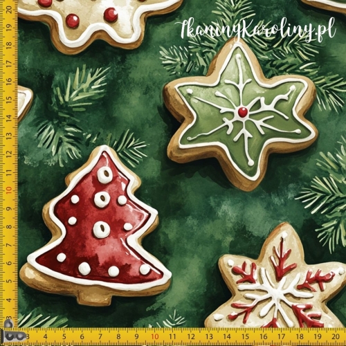 TKANINA WODOODPORNA OXFORD Wzory świąteczne - pierniczki lukrowane na zielonych gałązkach [6-8]