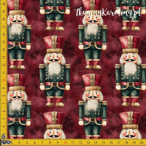 TKANINA WODOODPORNA OXFORD Wzory świąteczne - dziadek do orzechów na (ciemnym) czerwonym tle