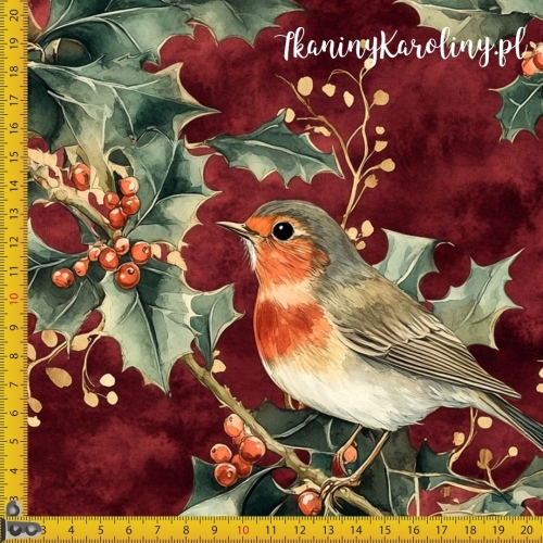 WELUR TAPICERSKI Wzory świąteczne - Rudzik - ptak w gałązkach ostrokrzewu z owocami