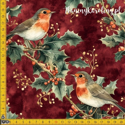 SOFTSHELL WODOODPORNY Wzory świąteczne - Rudzik - ptak w gałązkach ostrokrzewu z owocami
