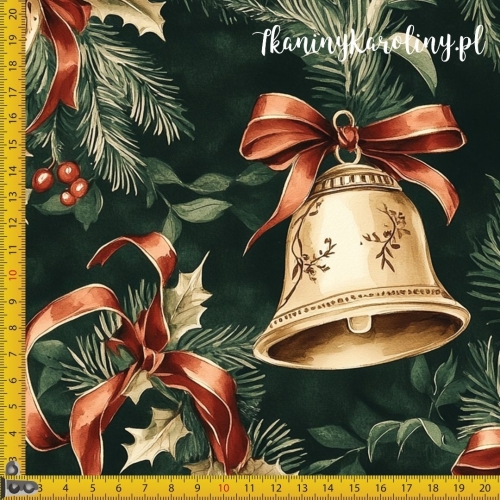 WELUR TAPICERSKI Wzory świąteczne - Złote dzwonki na tle zielonych gałązek i ostrokrzewu