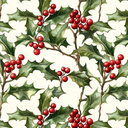 TKANINA WODOODPORNA OXFORD Wzory świąteczne - Ostrokrzew na jasnym tle