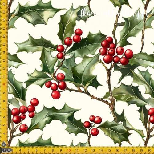 TKANINA WODOODPORNA OXFORD Wzory świąteczne - Ostrokrzew na jasnym tle