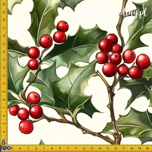 WELUR TAPICERSKI Wzory świąteczne - Ostrokrzew na jasnym tle