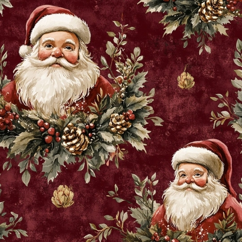 TKANINA WODOODPORNA OXFORD Wzory świąteczne - Święty Mikołaj na bordowym tle, na wieńcu i szyszki