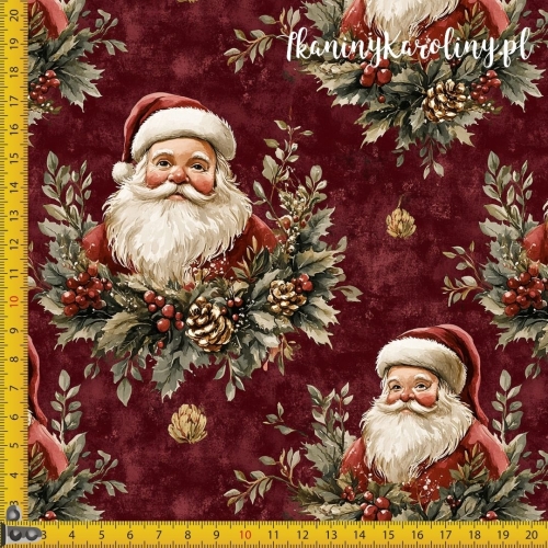 TKANINA WODOODPORNA OXFORD Wzory świąteczne - Święty Mikołaj na bordowym tle, na wieńcu i szyszki