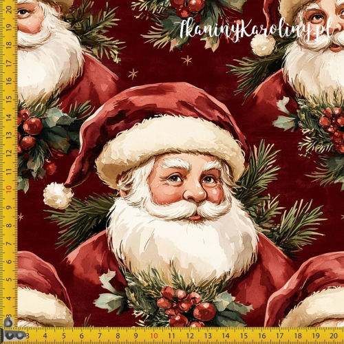 WELUR TAPICERSKI Wzory świąteczne - Święty Mikołaj na bordowym tle z gałązką