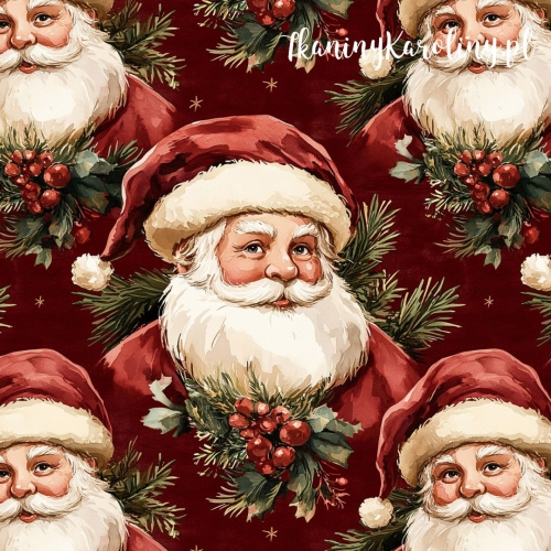 TKANINA WODOODPORNA OXFORD Wzory świąteczne - Święty Mikołaj na bordowym tle z gałązką