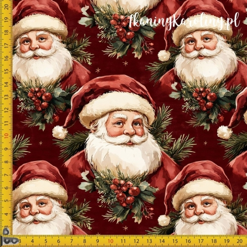 TKANINA WODOODPORNA OXFORD Wzory świąteczne - Święty Mikołaj na bordowym tle z gałązką