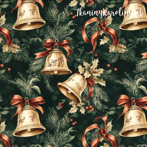 WELUR TAPICERSKI Wzory świąteczne - Złote dzwonki na tle zielonych gałązek i ostrokrzewu