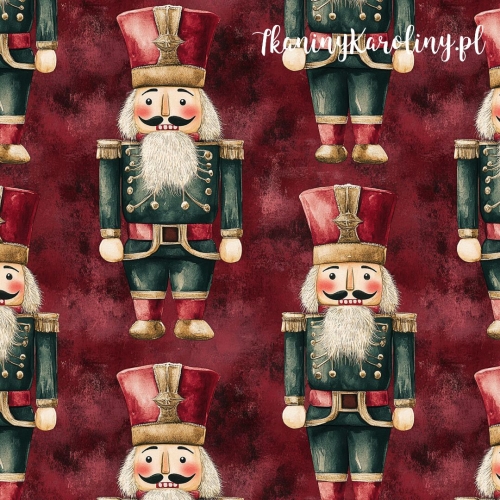 TKANINA WODOODPORNA OXFORD Wzory świąteczne - dziadek do orzechów na (ciemnym) czerwonym tle