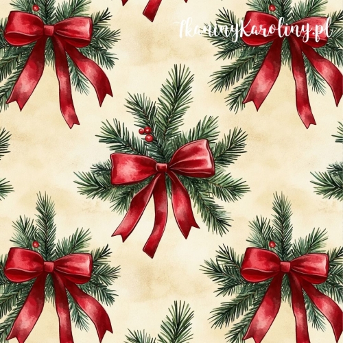 WELUR TAPICERSKI Wzory świąteczne - czerwone kokardy na zielonych gałązkach i jasnym, beżowym tle [6-8]