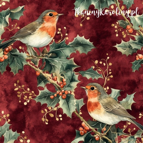 SOFTSHELL WODOODPORNY Wzory świąteczne - Rudzik - ptak w gałązkach ostrokrzewu z owocami
