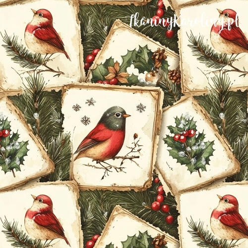 TKANINA WODOODPORNA OXFORD Wzory świąteczne - Rudziki na obrazkach z głązkami i ostrokrzewem w tle