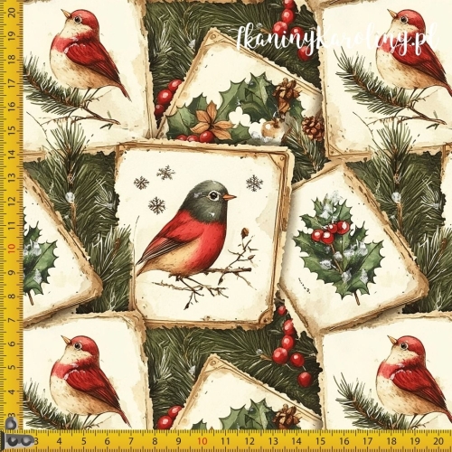 TKANINA WODOODPORNA OXFORD Wzory świąteczne - Rudziki na obrazkach z głązkami i ostrokrzewem w tle