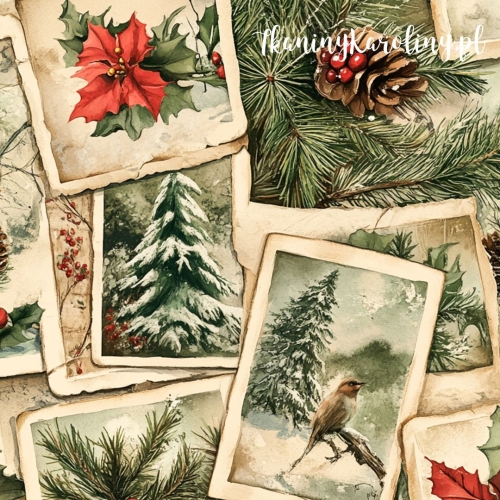 WELUR TAPICERSKI Wzory świąteczne - Mysikrólik (ptak) i gwiazda betlejemska na starodawnych pocztówkach