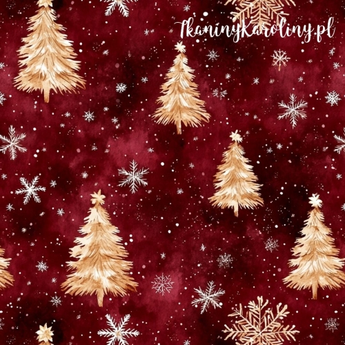 TKANINA WODOODPORNA OXFORD Wzory świąteczne - świetliste choinki na czerwonym tle [6-8]