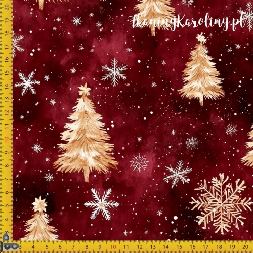 TKANINA WODOODPORNA OXFORD Wzory świąteczne - świetliste choinki na czerwonym tle