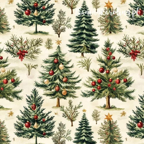 WELUR TAPICERSKI Wzory świąteczne - zielone choinki ustrojone świątecznie na jasnym tle