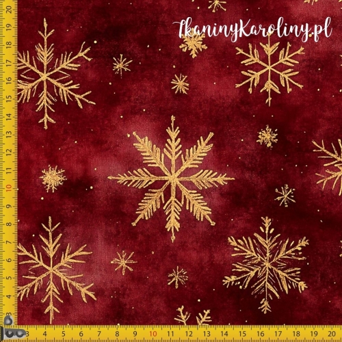 TKANINA WODOODPORNA OXFORD Wzory świąteczne - złote płatki śniegu na ocieniach czerwieni