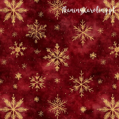 WELUR TAPICERSKI Wzory świąteczne - złote płatki śniegu na ocieniach czerwieni [6-8]