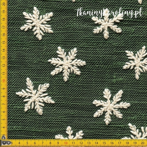 SOFTSHELL WODOODPORNY Wzory świąteczne, juta - płatki śniegu na ciemnej zieleni