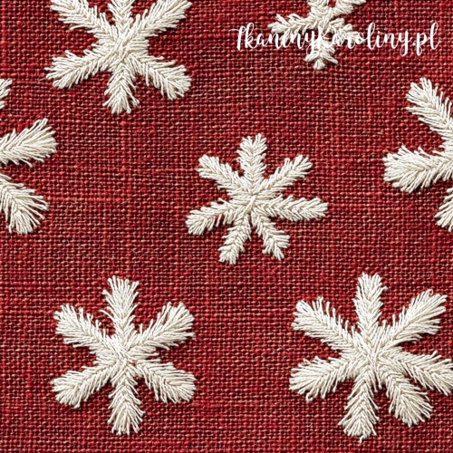SOFTSHELL WODOODPORNY Wzory świąteczne, juta - płatki śniegu na czerwieni (luźny wzór)