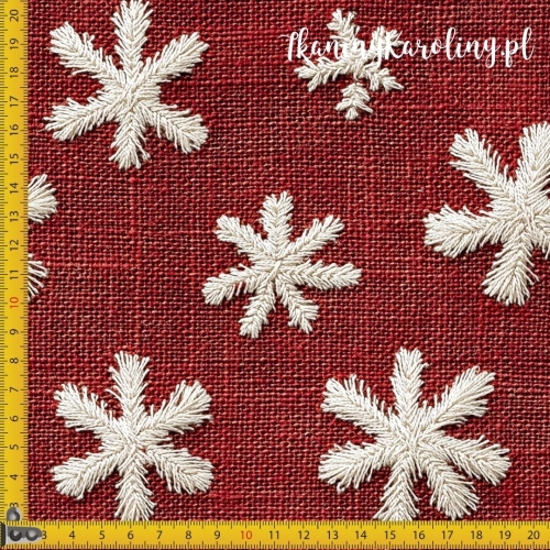 WELUR TAPICERSKI Wzory świąteczne, juta - płatki śniegu na czerwieni (luźny wzór)