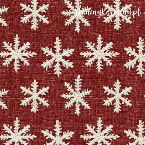 SOFTSHELL WODOODPORNY Wzory świąteczne, juta - płatki śniegu na czerwieni (gęsty wzór)
