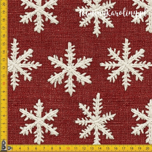SOFTSHELL WODOODPORNY Wzory świąteczne, juta - płatki śniegu na czerwieni (gęsty wzór)