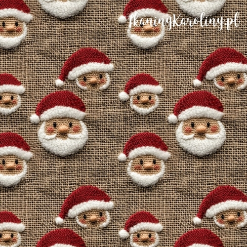 SOFTSHELL WODOODPORNY Wzory świąteczne, juta - Święty Mikołaj na ciemnym beżu (mniejszy)